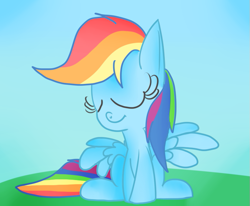 Size: 731x603 | Tagged: safe, artist:mr-degration, rainbow dash, pegasus, pony, g4, cute, eyes closed, female, sitting, solo