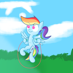 Size: 1024x1024 | Tagged: safe, artist:mr-degration, rainbow dash, pegasus, pony, g4, alternate hairstyle, female, jump rope, ponytail, solo