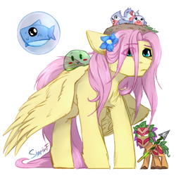 Size: 2480x2480 | Tagged: safe, artist:sinrinf, derpibooru exclusive, fluttershy, bird, pegasus, pony, shark, g4, bird nest, bubble, crossover, female, flower, flower in hair, high res, looking at you, mare, nest, pet, simple background, sitting on head, slime, solo, spread wings, standing, stray strand, terraria, video game, white background, wings, wings down