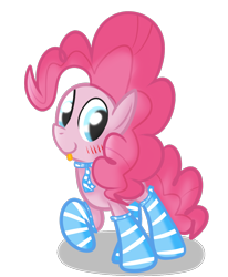 Size: 1010x1223 | Tagged: safe, artist:mr-degration, pinkie pie, earth pony, pony, g4, blushing, clothes, female, palindrome get, simple background, socks, solo, tongue out, transparent background