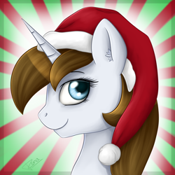 Size: 1500x1500 | Tagged: safe, artist:rena, oc, oc:flower star, pony, unicorn, brown mane, bust, christmas, female, hat, holiday, looking at you, mare, portrait, santa hat, sapphire eyes, two toned background, white coat