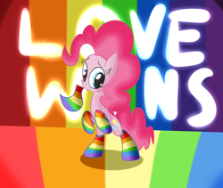 Size: 1920x1620 | Tagged: safe, artist:mr-degration, pinkie pie, earth pony, pony, g4, bipedal, clothes, female, holding a flag, looking at you, love wins, mouth hold, obergefell v. hodges, pride flag, pride socks, rainbow socks, socks, solo, striped socks