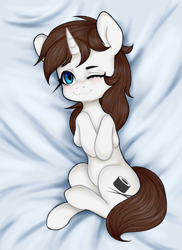 Size: 1746x2400 | Tagged: artist needed, safe, oc, oc:flower star, pony, unicorn, bed, chocolate mane, female, immanent hugs, looking at you, lying down, lying on bed, mare, on bed, sapphire eyes, snuggles?, soft, sushi cutiemark, white coat