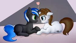 Size: 3840x2160 | Tagged: safe, artist:andelai, oc, oc:flower star, oc:lapiz star, earth pony, pony, unicorn, abstract background, high res, hoof touching, looking at each other, sushi cutiemark