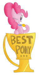 Size: 2048x4096 | Tagged: safe, artist:mr-degration, pinkie pie, earth pony, pony, g4, best pony, female, one eye closed, simple background, solo, trophy, white background, wink