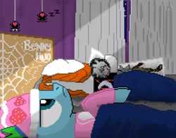 Size: 1940x1520 | Tagged: safe, artist:bennyhuo, oc, pony, spider, ah yes me my girlfriend and her x, bed, meme, night, onomatopoeia, pixel art, sleeping, sound effects, zzz