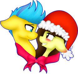 Size: 1640x1555 | Tagged: safe, artist:whitehershey, oc, oc only, oc:white hershey, pony, blushing, christmas, duo, eye contact, female, hat, holiday, looking at each other, male, oc x oc, santa hat, shipping, simple background, transparent background