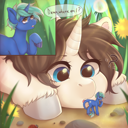 Size: 3000x3000 | Tagged: safe, artist:beer_cock, oc, oc:flower star, oc:nova spark, pony, tatzlwurm, unicorn, adorable face, commission, cute, flower, high res, looking down, macro/micro, mystery, scientist, shrunk, thinking, ych result