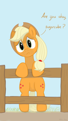 Size: 1080x1920 | Tagged: safe, artist:addelum, applejack, earth pony, pony, g4, bipedal, bipedal leaning, both cutie marks, female, fence, frown, leaning, looking at you, solo, talking to viewer, worried