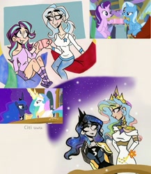 Size: 2857x3288 | Tagged: dead source, safe, artist:citi, princess celestia, princess luna, starlight glimmer, trixie, human, g4, my little pony best gift ever, clothes, cup, high res, humanized, pajamas, royal sisters, scene interpretation, screencap reference, sisters, slippers, socks, striped socks