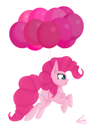 Size: 3100x4300 | Tagged: safe, artist:toxinagraphica, pinkie pie, earth pony, pony, g4, balloon, cheek fluff, female, fluffy, flying, happy, high res, lineless, mare, open mouth, simple background, smiling, solo, white background