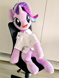 Size: 768x1024 | Tagged: safe, artist:nekokevin, starlight glimmer, pony, unicorn, series:nekokevin's glimmy, g4, chair, clothes, cute, female, glimmerbetes, irl, life size, looking at you, mare, open mouth, photo, plushie, shirt, sitting, smiling, solo