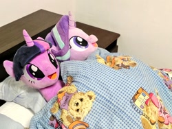 Size: 1024x768 | Tagged: safe, artist:nekokevin, starlight glimmer, twilight sparkle, pony, unicorn, series:nekokevin's glimmy, g4, bed, bedsheets, close-up, cute, duo, female, glimmerbetes, irl, lying down, mare, on back, photo, pillow, plushie, teddy bear, twiabetes, unicorn twilight