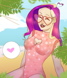 Size: 922x1080 | Tagged: safe, artist:azaani, princess cadance, human, g4, beach, boob window, breasts, clothes, eyes closed, glasses, heart, heart shaped boob window, heart shaped glasses, humanized, one-piece swimsuit, smiling, solo, swimsuit