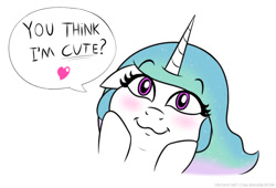 Size: 728x495 | Tagged: safe, artist:banebuster, princess celestia, series:tiny tia, g4, blushing, bronybait, cute, cutelestia, looking at you, simple background, speech bubble, talking to viewer, white background