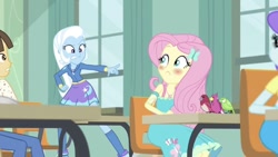 Size: 972x547 | Tagged: safe, screencap, fluttershy, trixie, wiz kid, bird, a little birdie told me, equestria girls, equestria girls series, g4, angry, blushing, female, male, pointing