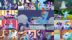 Size: 1280x721 | Tagged: safe, edit, edited screencap, editor:quoterific, screencap, berry punch, berryshine, linky, princess celestia, rainbow dash, shoeshine, spike, twilight sparkle, alicorn, dragon, pegasus, pony, applebuck season, daring don't, deep tissue memories, dragonshy, fall weather friends, friendship is magic, g4, horse play, lesson zero, my little pony: friendship is forever, read it and weep, season 1, season 2, season 4, season 5, season 6, season 8, tanks for the memories, the lost treasure of griffonstone, the ticket master, top bolt, bag, bound wings, clothes, collage, female, golden oaks library, hat, lesbian, male, mare, party hat, rain, saddle bag, scarf, ship:twidash, shipping, snow, train, twilight sparkle (alicorn), twilight's castle, wings, winter