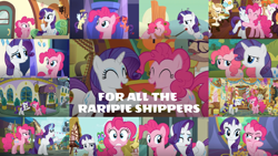 Size: 1280x721 | Tagged: safe, edit, edited screencap, editor:quoterific, screencap, coral bits, dark moon, graphite, gummy, lucky breaks, neigh sayer, parasol, pegasus olsen, peggy holstein, pinkie pie, pound cake, pumpkin cake, rarity, saffron masala, serena, sweet biscuit, twinkleshine, vino veritas, alligator, earth pony, pegasus, pony, unicorn, castle sweet castle, g4, it isn't the mane thing about you, putting your hoof down, spice up your life, the gift of the maud pie, the last roundup, the one where pinkie pie knows, the saddle row review, angel rarity, collage, devil rarity, female, food, glowing, glowing horn, horn, lesbian, magic, magic aura, pancakes, ship:raripie, shipping, sugarcube corner, telekinesis, the tasty treat, train, twilight's castle