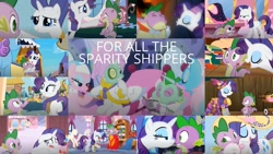 Size: 1280x721 | Tagged: safe, edit, edited screencap, editor:quoterific, screencap, aloe, applejack, carrot top, fleur de verre, golden harvest, granny smith, lotus blossom, rarity, sapphire joy, spike, dragon, pony, unicorn, a dog and pony show, dragon dropped, dragon quest, g4, green isn't your color, inspiration manifestation, molt down, secret of my excess, simple ways, spike at your service, the crystal empire, beefspike, collage, female, golden oaks library, male, mare, ship:sparity, shipping, straight, winged spike, wings