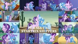 Size: 1280x720 | Tagged: safe, edit, edited screencap, editor:quoterific, screencap, starlight glimmer, trixie, a horse shoe-in, all bottled up, best gift ever, no second prances, road to friendship, to change a changeling, to where and back again, cactus, cheek squish, collage, female, floppy ears, hat, i guess we're stuck together, inflatable raft, lesbian, nightcap, raft, school of friendship, shipping, squishy cheeks, startrix, trixie's puppeteering, trixie's wagon, we're friendship bound