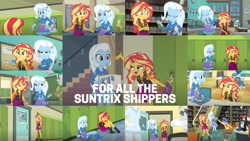 Size: 1280x720 | Tagged: safe, edit, edited screencap, editor:quoterific, screencap, bulk biceps, curly winds, microchips, nurse redheart, some blue guy, sunset shimmer, trixie, wiz kid, equestria girls, equestria girls series, forgotten friendship, g4, collage, female, geode of empathy, lesbian, magical geodes, ship:suntrix, shipping
