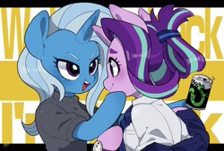 Size: 1920x1300 | Tagged: safe, artist:potetecyu_to, starlight glimmer, trixie, semi-anthro, alternate hairstyle, arm hooves, breasts, can, chestbreasts, clothes, looking at each other, necktie, sweater, watch, wristwatch