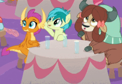 Size: 425x291 | Tagged: safe, screencap, ocellus, sandbar, smolder, yona, changedling, changeling, dragon, earth pony, pony, yak, g4, the last problem, animated, bow, cloven hooves, cropped, cute, dragoness, female, gif, hair bow, male, monkey swings, yonadorable