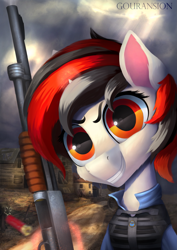 Size: 1663x2344 | Tagged: safe, artist:foxpit, oc, oc only, oc:blackjack, pony, unicorn, fallout equestria, fallout equestria: project horizons, body armor, clothes, female, grin, gun, horn, jumpsuit, looking at you, mare, security armor, shooty look, short horn, shotgun, small horn, smiling, solo, vault security armor, vault suit, weapon, wrong eye color