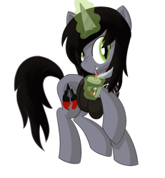 Size: 1261x1364 | Tagged: safe, artist:notadeliciouspotato, pony, unicorn, clothes, cup, disguise, disguised siren, drink, drinking, drinking straw, fangs, gift art, glowing horn, happy, horn, jewelry, kellin quinn, looking at you, magic, male, necklace, ponified, raised hoof, shirt, simple background, slit pupils, smiling, solo, stallion, t-shirt, telekinesis, transparent background