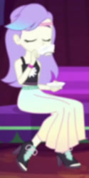 Size: 828x1653 | Tagged: safe, screencap, snow flower, equestria girls, equestria girls specials, g4, my little pony equestria girls: better together, my little pony equestria girls: sunset's backstage pass, background human, clothes, cropped, drinking, feet, food, long skirt, op i can't see shit, open-toed shoes, sitting, skirt, solo, tea, toes