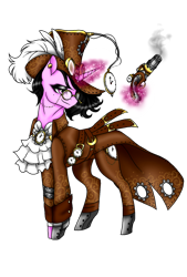 Size: 448x663 | Tagged: safe, artist:jvarts6112, oc, oc only, oc:doctor gear, cyborg, pony, unicorn, antagonist, chains, christmas, clock, evil, feather, female, gears, glasses, gun, hat, holiday, magic, meta, oc villain, piercing, simple background, smiling, solo, steampunk, transparent background, villainess, weapon