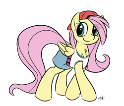 Size: 1280x1098 | Tagged: safe, artist:fakskis, fluttershy, pegasus, pony, g4, 90s grunge fluttershy, backwards ballcap, baseball cap, cap, chest fluff, clothes, cute, eye clipping through hair, female, folded wings, hat, looking at you, mare, shirt, shyabetes, simple background, skirt, smiling, solo, standing, t-shirt, three quarter view, white background, wings