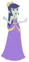 Size: 970x2048 | Tagged: safe, edit, edited screencap, screencap, blueberry cake, equestria girls, g4, my little pony equestria girls: better together, pinkie pie: snack psychic, background human, background removed, bare shoulders, blue eyes, blue hair, clothes, dress, gold trim, green skin, hair bun, jewelry, long hair, necklace, purple dress, simple background, sleeveless, sleeveless dress, solo, strapless, strapless dress, transparent background