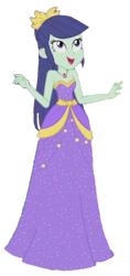 Size: 970x2048 | Tagged: safe, edit, edited screencap, screencap, blueberry cake, equestria girls, g4, my little pony equestria girls: better together, pinkie pie: snack psychic, background human, background removed, bare shoulders, blue eyes, blue hair, clothes, dress, gold trim, green skin, hair bun, hairstyle, jewelry, long hair, long skirt, looking up, necklace, open mouth, open smile, purple dress, sash, simple background, skirt, sleeveless, sleeveless dress, smiling, solo, strapless, strapless dress, transparent background