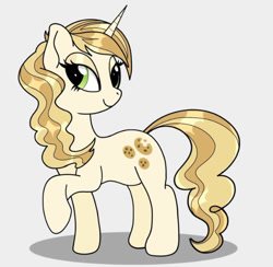 Size: 640x625 | Tagged: safe, artist:orcinuspony, sweet biscuit, pony, unicorn, g4, bedroom eyes, female, looking at you, mare, raised leg, simple background, smiling, solo