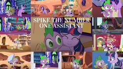 Size: 1280x721 | Tagged: safe, edit, edited screencap, editor:quoterific, screencap, applejack, rarity, spike, twilight sparkle, alicorn, dragon, earth pony, pony, unicorn, a flurry of emotions, applejack's "day" off, baby cakes, every little thing she does, friendship is magic, g4, lesson zero, once upon a zeppelin, owl's well that ends well, spike at your service, the crystal empire, collage, female, golden oaks library, male, twilight sparkle (alicorn), twilight's castle, unicorn twilight