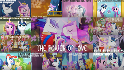 Size: 1280x720 | Tagged: safe, edit, edited screencap, editor:quoterific, screencap, applejack, chickadee, hayseed turnip truck, ms. peachbottom, princess cadance, princess flurry heart, rarity, shining armor, a canterlot wedding, a flurry of emotions, g4, games ponies play, my little pony best gift ever, once upon a zeppelin, season 2, season 3, season 5, season 7, season 9, slice of life (episode), the beginning of the end, the crystal empire, the crystalling, the one where pinkie pie knows, collage, element of generosity, element of honesty, female, male, ship:shiningcadance, shipping, stallion, star flurry heart, straight