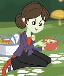 Size: 232x272 | Tagged: safe, screencap, sophisticata, equestria girls, g4, lost and pound, my little pony equestria girls: better together, background human, basket, bowl, chopsticks, cropped, ear piercing, earring, female, food, jewelry, noodle bowl, noodles, picnic basket, piercing, solo, soup