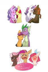 Size: 1024x1516 | Tagged: safe, artist:aztrial, apple bloom, button mash, diamond tiara, scootaloo, spike, sweetie belle, oc, oc:scallops, oc:sugar poppet, oc:tech wiz, dragon, earth pony, hybrid, pegasus, pony, unicorn, g4, :p, bedroom eyes, blushing, blushing profusely, bow, clothes, cutie mark crusaders, disgusted, ear piercing, embarrassed, female, freckles, glasses, interspecies offspring, lesbian, licking, magical lesbian spawn, male, necktie, nose piercing, nose to nose, nuzzling, offspring, older, older apple bloom, older button mash, older cmc, older diamond tiara, older scootaloo, older spike, older sweetie belle, parent:apple bloom, parent:button mash, parent:diamond tiara, parent:scootaloo, parent:spike, parent:sweetie belle, parents:diamondbloom, parents:scootaspike, parents:sweetiemash, piercing, ship:diamondbloom, ship:scootaspike, ship:sweetiemash, shipping, straight, suit, tongue out