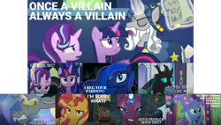 Size: 1812x1027 | Tagged: safe, edit, edited screencap, editor:quoterific, screencap, discord, princess luna, star swirl the bearded, starlight glimmer, sunset shimmer, tempest shadow, thorax, trixie, twilight sparkle, alicorn, changeling, draconequus, pony, unicorn, equestria girls, equestria girls specials, g4, my little pony equestria girls: better together, my little pony equestria girls: forgotten friendship, my little pony: the movie, shadow play, the times they are a changeling, to where and back again, female, male, mare, stallion, storm guard, twilight sparkle (alicorn), twilight's castle