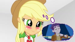 Size: 1280x720 | Tagged: safe, artist:themexicanpunisher, edit, edited screencap, screencap, applejack, dirk thistleweed, accountibilibuddies, equestria girls, equestria girls series, g4, rollercoaster of friendship, spoiler:eqg series (season 2), accountibilibuddies: rainbow dash, appledirk, blushing, female, freckles, geode of super strength, magical geodes, male, shipping, straight