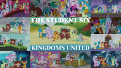 Size: 1988x1119 | Tagged: safe, edit, edited screencap, editor:quoterific, screencap, auburn vision, berry blend, berry bliss, carrot cake, cozy glow, cup cake, gallus, huckleberry, maud pie, mudbriar, november rain, ocellus, peppermint goldylinks, pokey pierce, pound cake, princess celestia, pumpkin cake, sandbar, silverstream, smolder, spike, twilight sparkle, yona, alicorn, changedling, changeling, dragon, earth pony, griffon, hippogriff, pony, yak, a matter of principals, g4, horse play, non-compete clause, school daze, school raze, the ending of the end, the last problem, uprooted, clothes, cosplay, costume, dragoness, fake ears, fake horn, female, friendship student, male, mare, prosthetic butt, stallion, student six, twilight sparkle (alicorn)