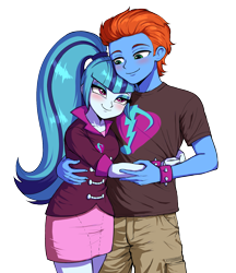 Size: 1317x1527 | Tagged: safe, artist:nairdags, sonata dusk, oc, oc:smoothie, comic:we will be adored, equestria girls, g4, bedroom eyes, blushing, bracelet, canon x oc, commission, cutie mark on clothes, hug, jewelry, lidded eyes, looking at each other, looking down, looking up, simple background, smoonata, spiked wristband, transparent background, wristband