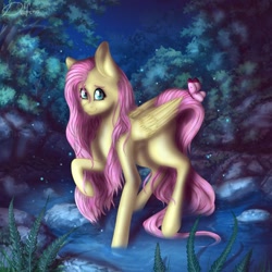 Size: 1280x1280 | Tagged: safe, artist:delfinaluther, fluttershy, butterfly, pegasus, pony, g4, cute, everfree forest, female, folded wings, forest, in water, looking at you, mare, missing cutie mark, night, outdoors, partially submerged, pond, raised hoof, river, shyabetes, smiling, solo, standing, stone, stray strand, stream, three quarter view, water, wet, wings