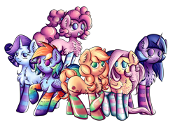 Size: 5358x3819 | Tagged: safe, artist:coco-drillo, applejack, fluttershy, pinkie pie, rainbow dash, rarity, twilight sparkle, alicorn, earth pony, pegasus, pony, unicorn, g4, alternate hairstyle, blushing, braided tail, cheerful, chest fluff, clothes, collage, compilation, crossed hooves, cute, ear fluff, folded wings, freckles, group, horn, jumping, kneesocks, looking up, mane six, pigtails, rainbow socks, raised hoof, simple background, socks, standing, stockings, striped socks, thigh highs, transparent background, twilight sparkle (alicorn), wings