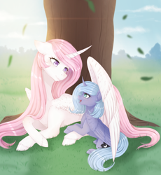 Size: 3030x3300 | Tagged: safe, artist:lanastein, princess celestia, princess luna, alicorn, pony, g4, duo, female, filly, high res, leaves, pink-mane celestia, royal sisters, sisters, tree, woona, younger