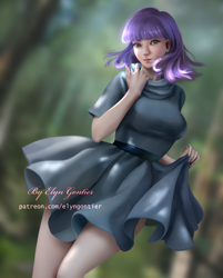 Size: 686x855 | Tagged: safe, alternate version, artist:elyngontier, maud pie, human, g4, beautiful, breasts, busty maud pie, clothes, female, humanized, looking at you, outdoors, signature, skirt, skirt lift, smiling, tree