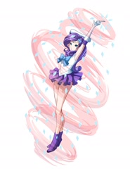 Size: 1432x1934 | Tagged: safe, artist:elyngontier, rarity, human, g4, armpits, clothes, female, gloves, high heels, humanized, long gloves, magical girl, sailor moon (series), schrödinger's pantsu, shoes, simple background, skirt, solo, white background