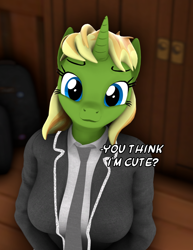 Size: 800x1038 | Tagged: safe, artist:arcanetesla, oc, oc only, oc:mysti tesla, human, unicorn, anthro, 3d, :3, breasts, clothes, cute, looking at you, no shading, school uniform, solo, source filmmaker