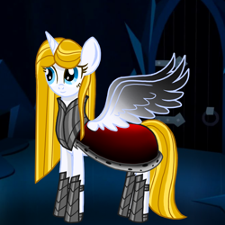 Size: 800x800 | Tagged: safe, artist:php185, oc, oc only, oc:sparkle light, alicorn, pony, armor, cape, clothes, female, horn, mare, solo, spread wings, stairs, vector, wings